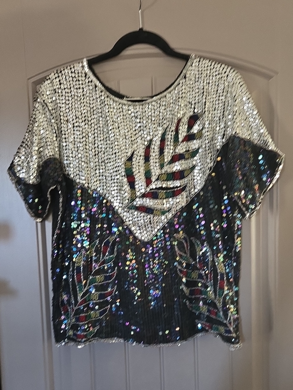 Silver, Iridescent Black Sequin, leaf pattern, short sleeve Silk, Y2K luxe Top